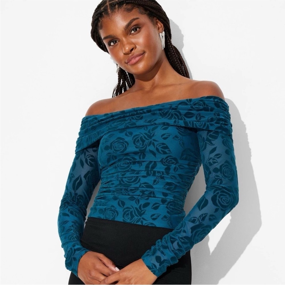 Girls Wild Fable Off-Shoulder Teal Floral Mesh Long Sleeve Top